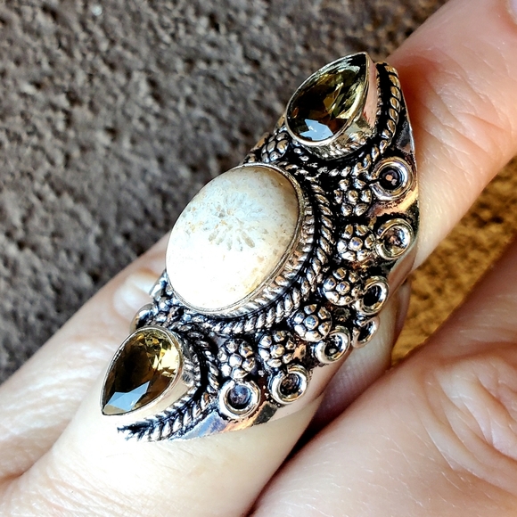 New Fossil Coral & Smoky Topaz 925 Silver Ring. - Picture 16 of 16